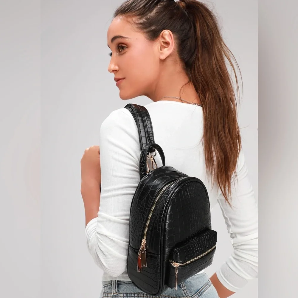 NWOT Lulus Getting Places Black Crocodile Embossed Mini Backpack - Picture 1 of 13